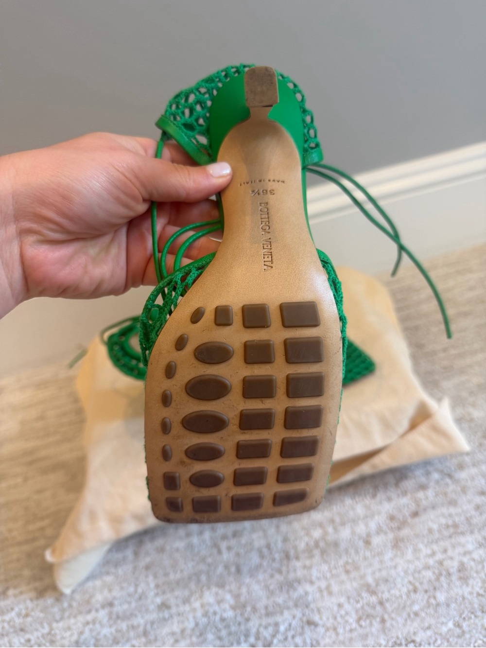 Bottega Veneta Vibrant Green Lace-Up Mesh Heels - Picture 8 of 12